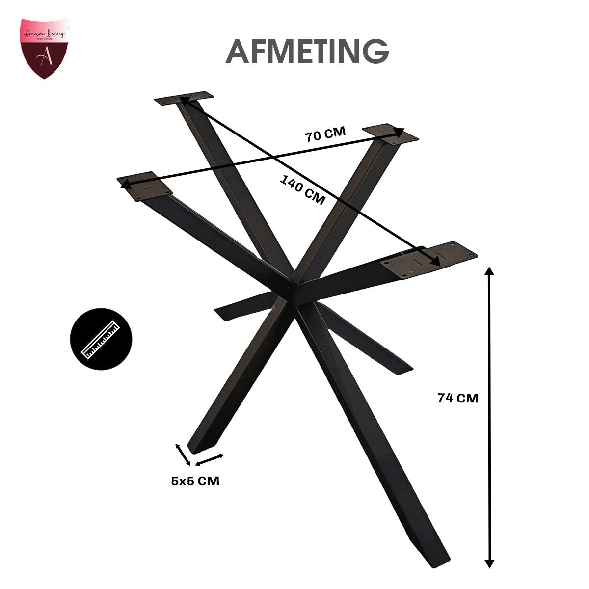 Zwarte rechthoek stalen matrix tafelpoot Hoog 74 cm Breed 140 cm Diep 70 cm Koker 5x5 cm - Amaze Living